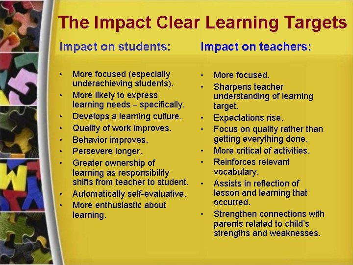 The Impact Clear Learning Targets Impact on students: Impact on teachers: • • •