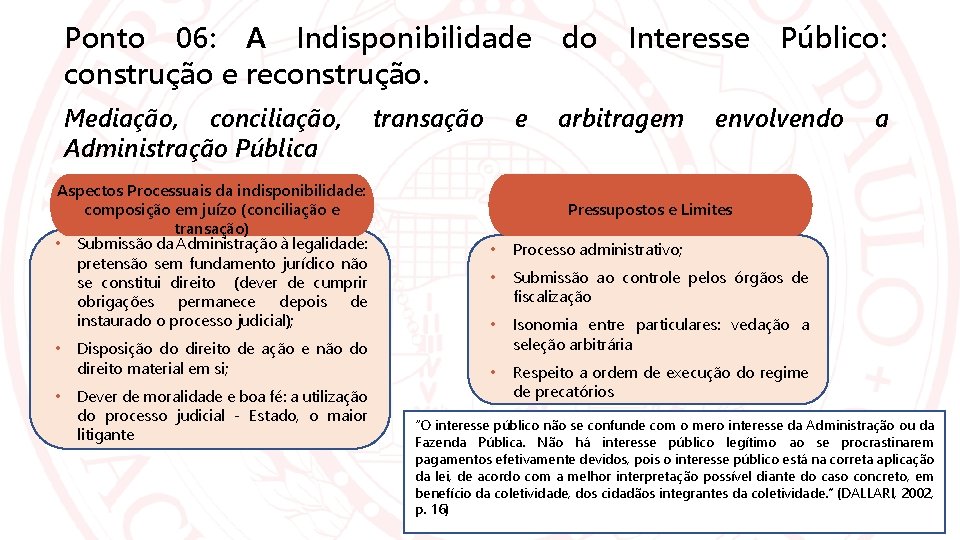 Ponto 06: A Indisponibilidade construção e reconstrução. do Interesse Público: Mediação, conciliação, Administração Pública