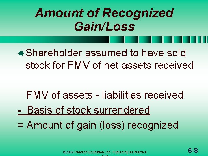 Amount of Recognized Gain/Loss ® Shareholder assumed to have sold stock for FMV of