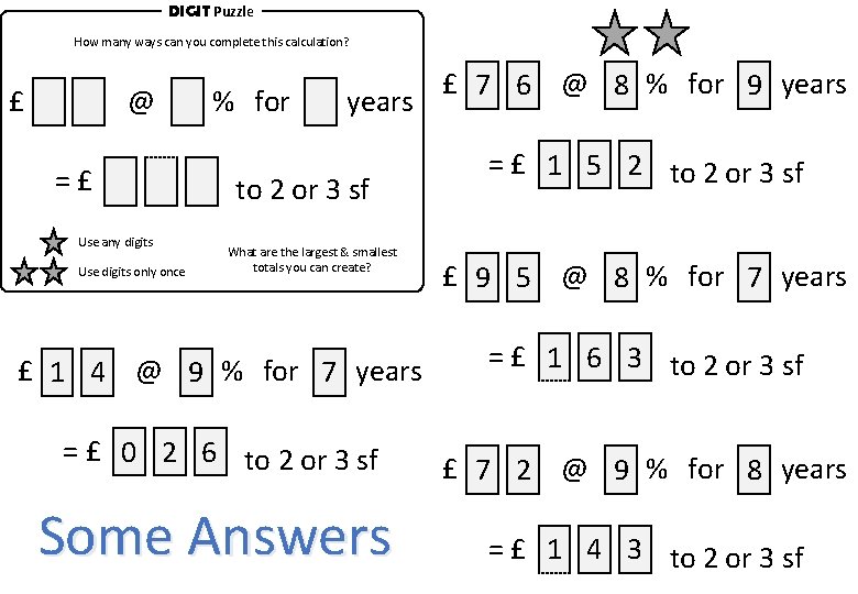 DIGIT Puzzle How many ways can you complete this calculation? £ @ =£ Use