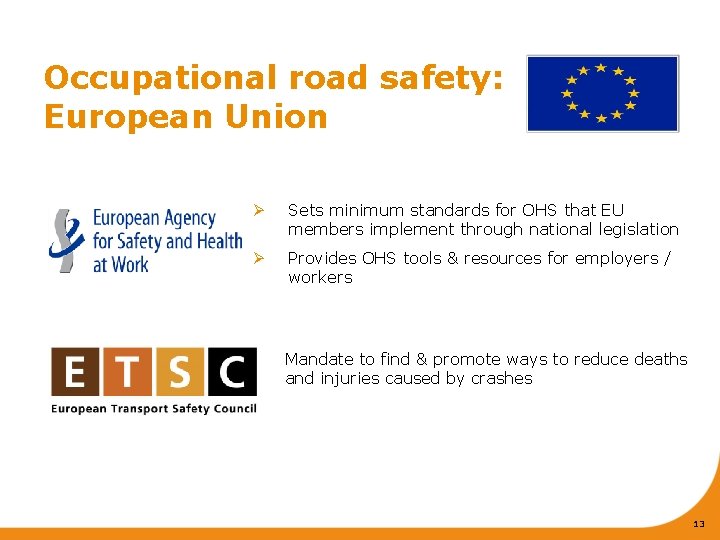 Occupational road safety: European Union Ø Sets minimum standards for OHS that EU members