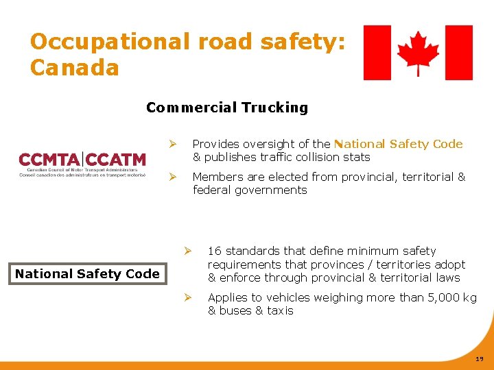 Occupational road safety: Canada Commercial Trucking Ø Provides oversight of the National Safety Code