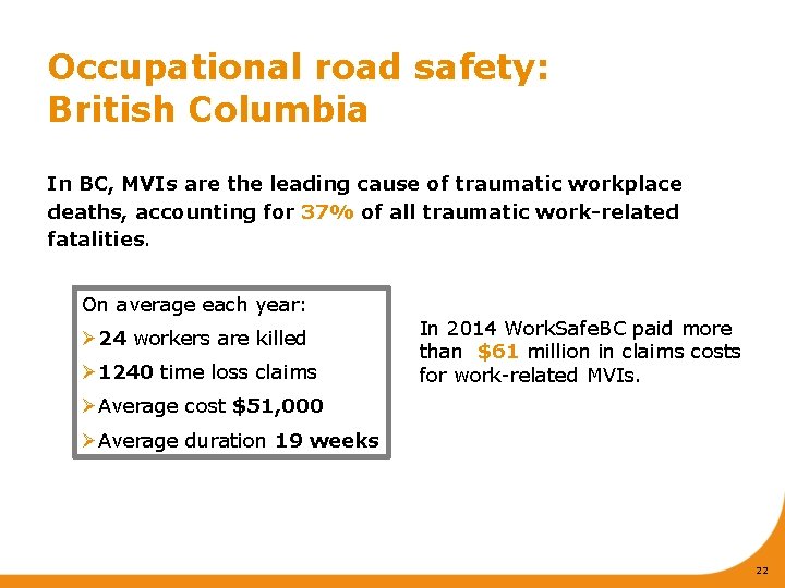 Occupational road safety: British Columbia In BC, MVIs are the leading cause of traumatic