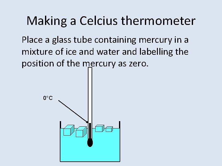 Making a Celcius thermometer Place a glass tube containing mercury in a mixture of