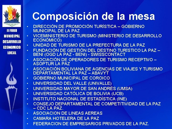 Composición de la mesa • • • • DIRECCIÓN DE PROMOCIÓN TURÍSTICA – GOBIERNO