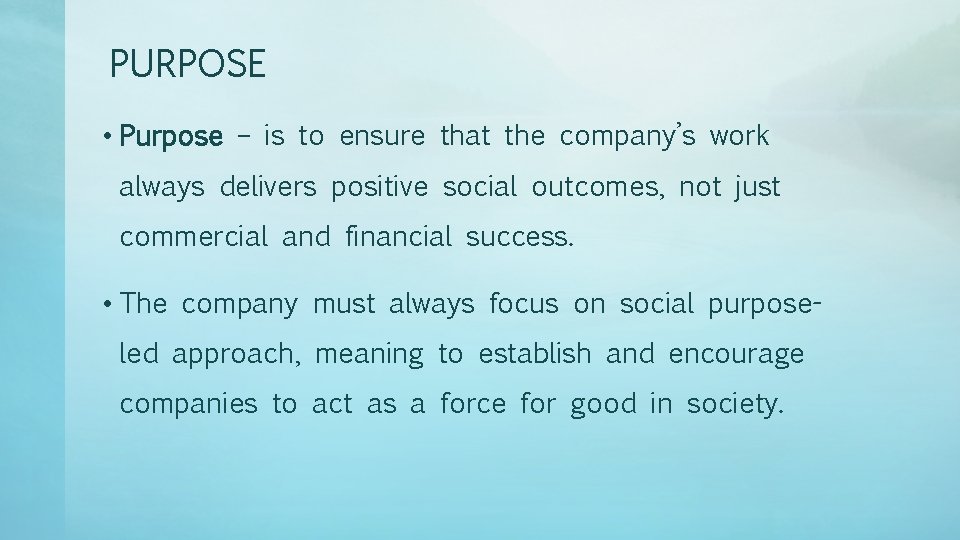 PURPOSE • Purpose – is to ensure that the company’s work always delivers positive