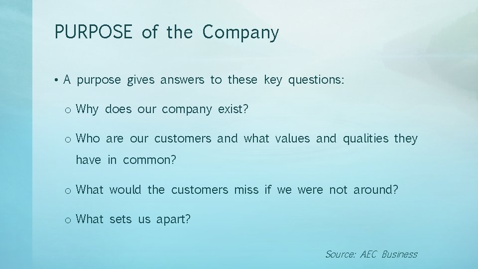 PURPOSE of the Company • A purpose gives answers to these key questions: o