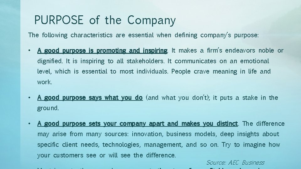 PURPOSE of the Company The following characteristics are essential when defining company’s purpose: •