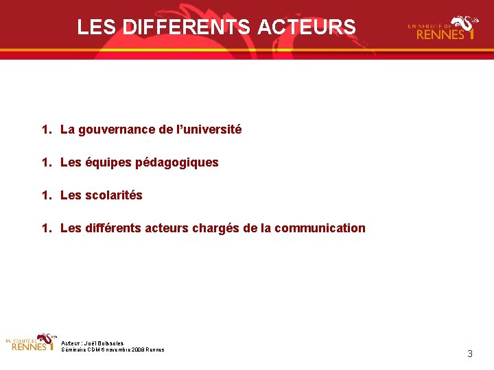 LES DIFFERENTS ACTEURS 1. La gouvernance de l’université 1. Les équipes pédagogiques 1. Les