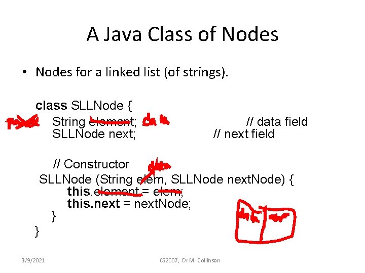 A Java Class of Nodes • Nodes for a linked list (of strings). class