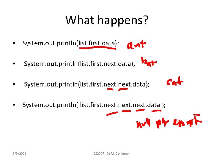 What happens? • System. out. println(list. first. data); • System. out. println(list. first. next.