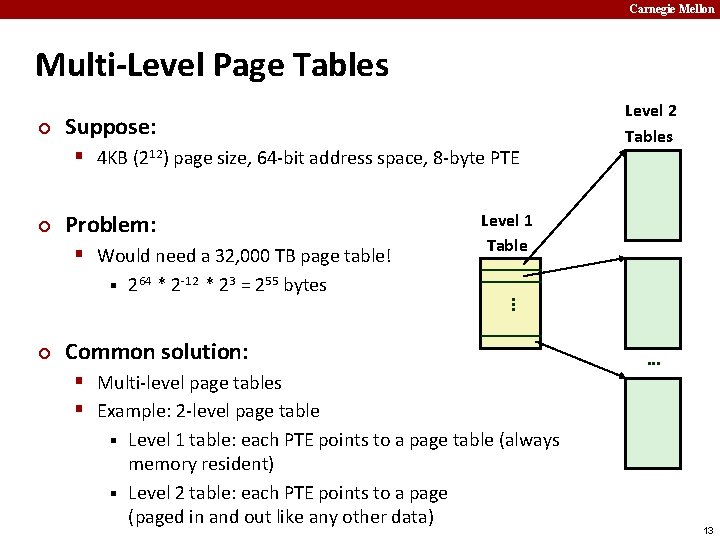 Carnegie Mellon Multi-Level Page Tables ¢ Suppose: § 4 KB (212) page size, 64