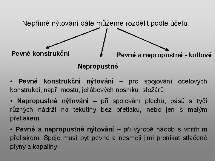 Nepřímé nýtování dále můžeme rozdělit podle účelu: Pevné konstrukční Pevné a nepropustné - kotlové