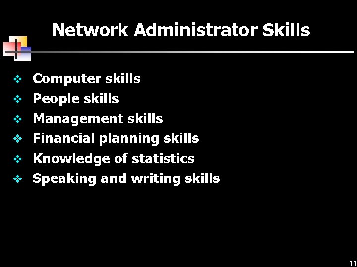 Network Administrator Skills v Computer skills v People skills v Management skills v Financial