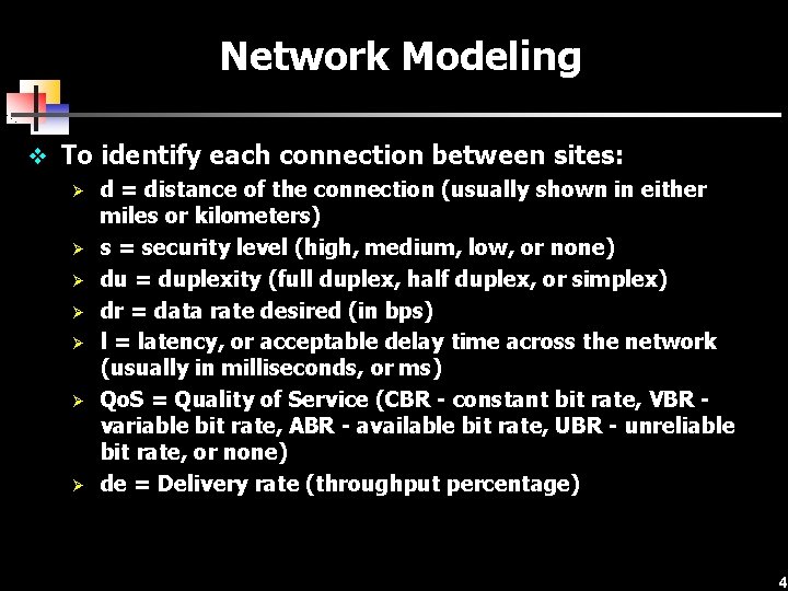 Network Modeling v To identify each connection between sites: Ø d = distance of