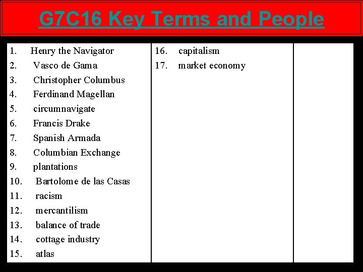 G 7 C 16 Key Terms and People 1. Henry the Navigator 2. Vasco