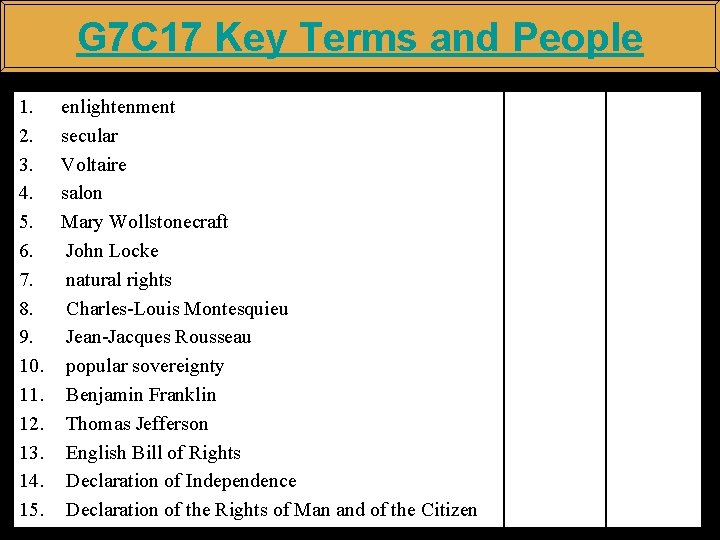 G 7 C 17 Key Terms and People 1. 2. 3. 4. 5. 6.