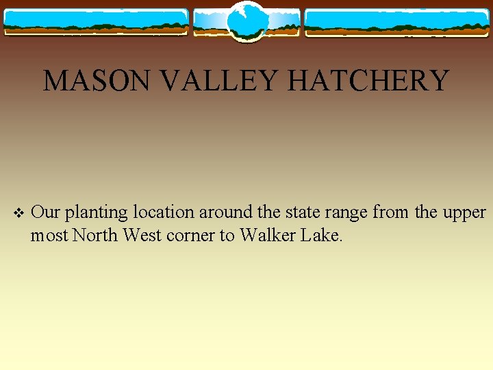 MASON VALLEY HATCHERY v Our planting location around the state range from the upper