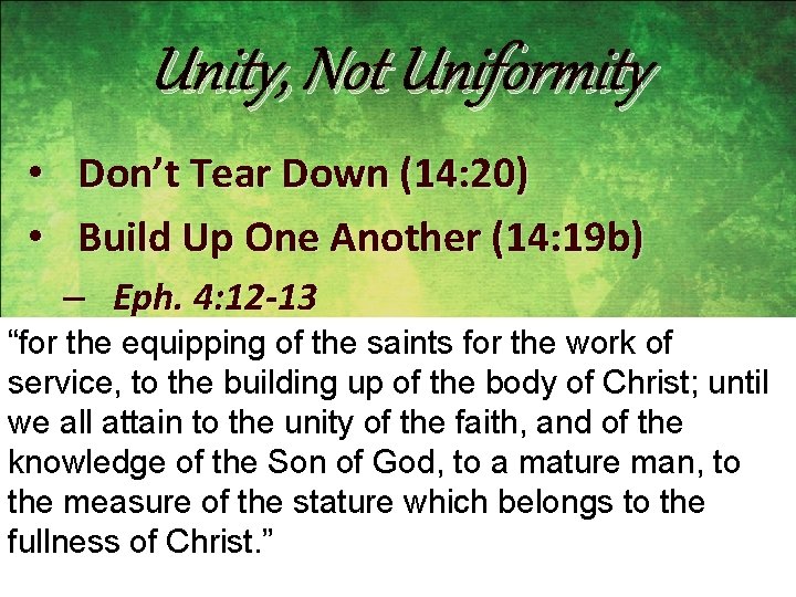 Unity, Not Uniformity • Don’t Tear Down (14: 20) • Build Up One Another