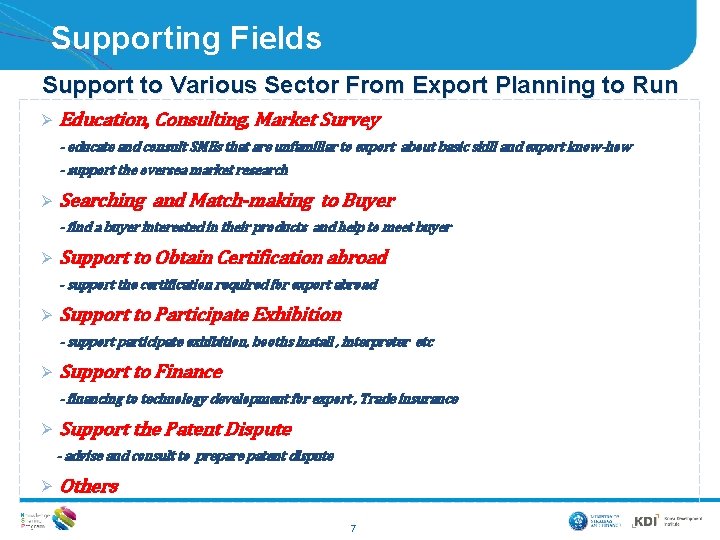 Supporting Fields Support to Various Sector From Export Planning to Run Ø Education, Consulting,