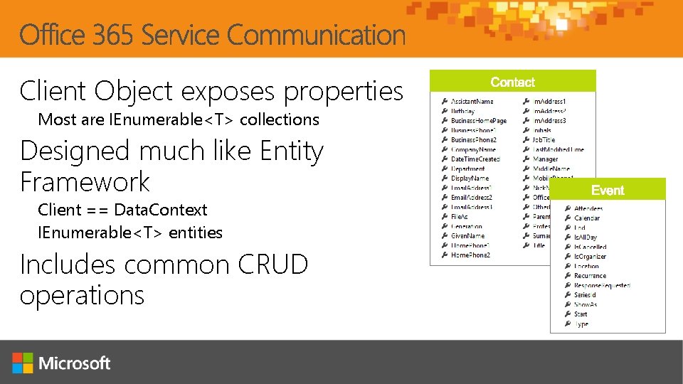 Client Object exposes properties Most are IEnumerable<T> collections Designed much like Entity Framework Client