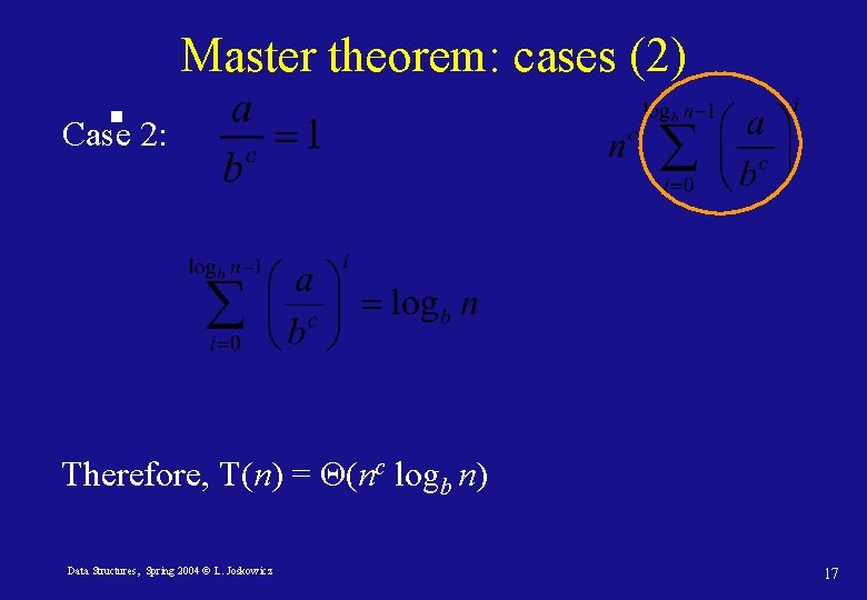 Master theorem: cases (2) Case 2: Therefore, T(n) = Θ(nc logb n) Data Structures,