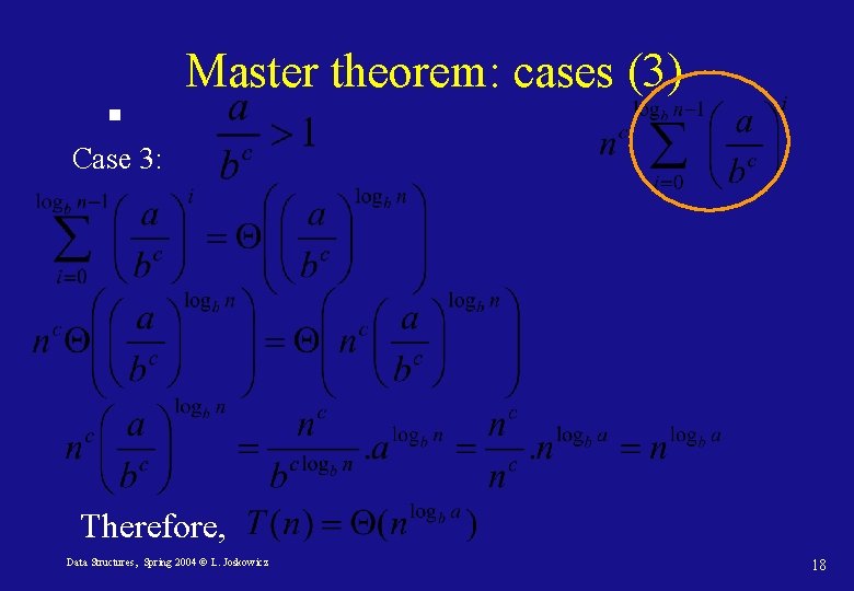 Master theorem: cases (3) Case 3: Therefore, Data Structures, Spring 2004 © L. Joskowicz
