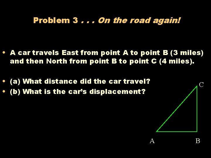 Problem 3. . . On the road again! • A car travels East from