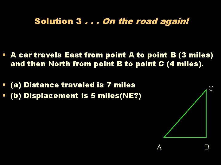 Solution 3. . . On the road again! • A car travels East from