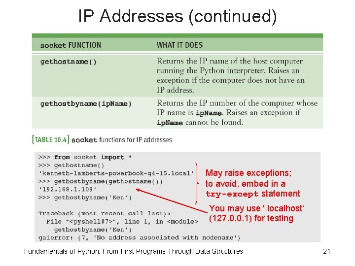 IP Addresses (continued) May raise exceptions; to avoid, embed in a try-except statement You