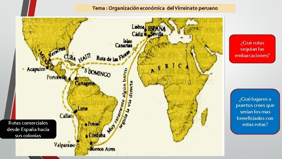 ¿Qué rutas seguían las embarcaciones? Rutas comerciales desde España hacia sus colonias ¿Qué lugares