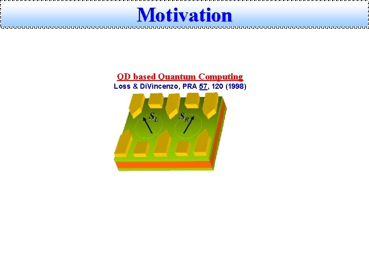 Motivation QD based Quantum Computing Loss & Di. Vincenzo, PRA 57, 120 (1998) 