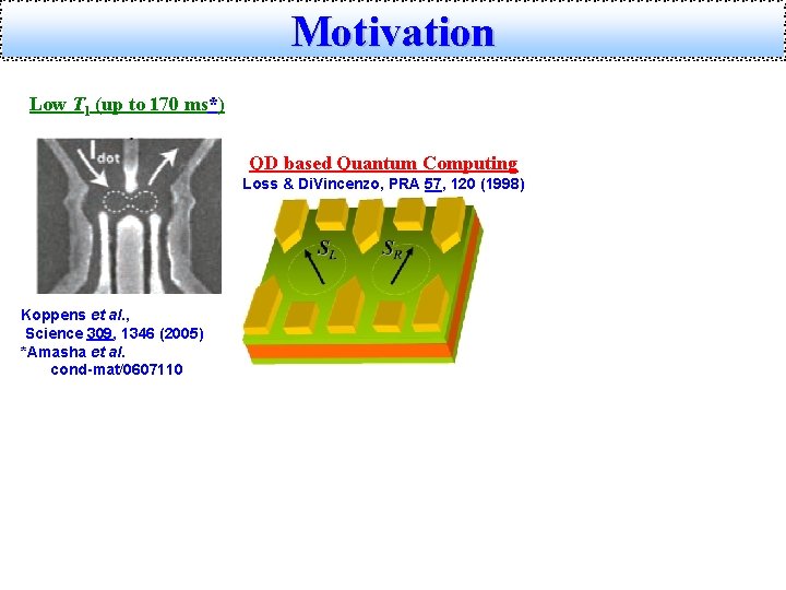 Motivation Low T 1 (up to 170 ms*) QD based Quantum Computing Loss &