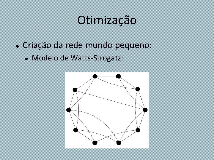 Otimização Criação da rede mundo pequeno: Modelo de Watts-Strogatz: 