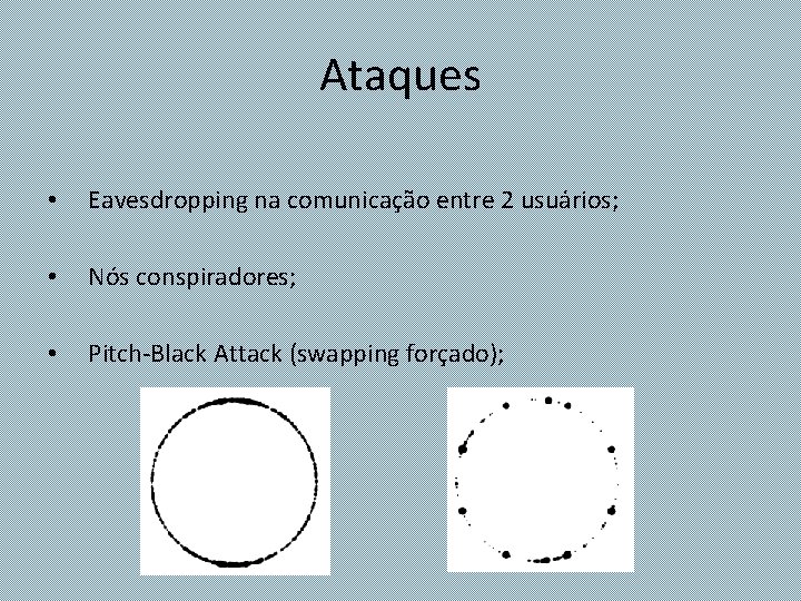 Ataques • Eavesdropping na comunicação entre 2 usuários; • Nós conspiradores; • Pitch-Black Attack