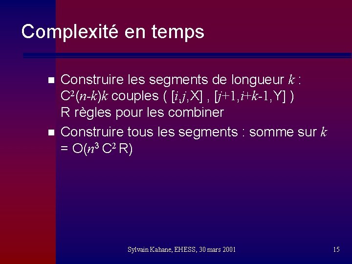 Complexité en temps n n Construire les segments de longueur k : C 2(n-k)k