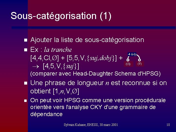 Sous-catégorisation (1) n n Ajouter la liste de sous-catégorisation Ex : la tranche -4