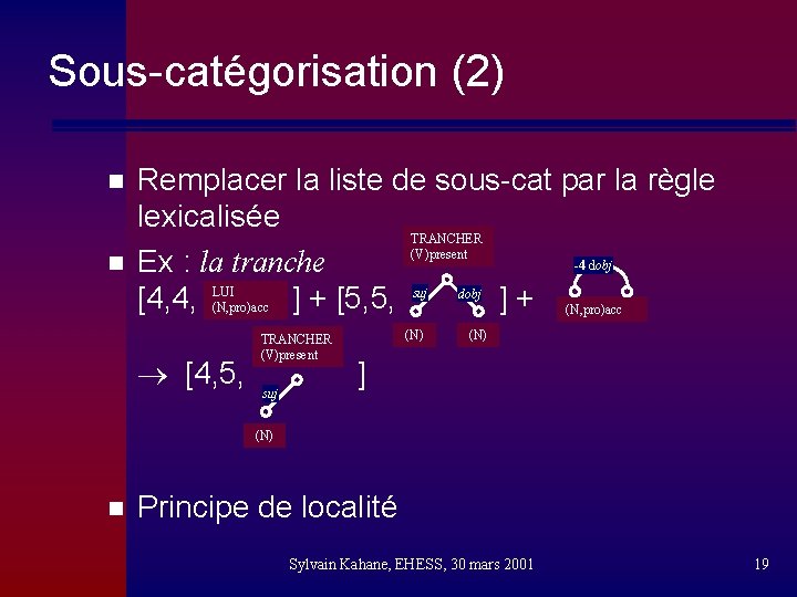 Sous-catégorisation (2) n n Remplacer la liste de sous-cat par la règle lexicalisée TRANCHER