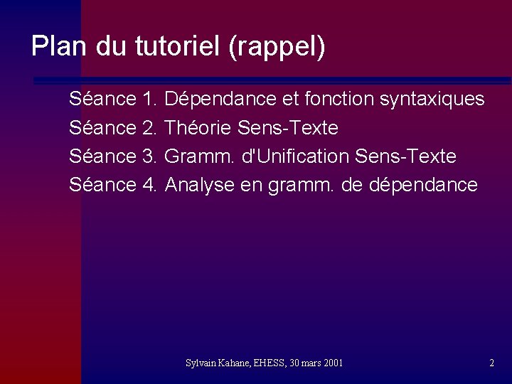 Plan du tutoriel (rappel) Séance 1. Dépendance et fonction syntaxiques Séance 2. Théorie Sens-Texte