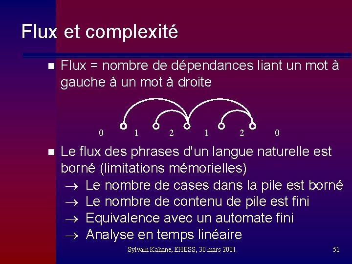 Flux et complexité n Flux = nombre de dépendances liant un mot à gauche