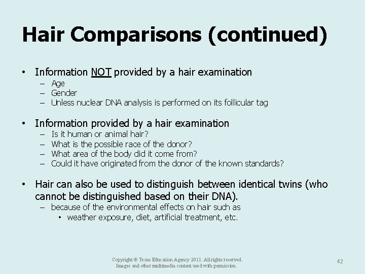 Hair Comparisons (continued) • Information NOT provided by a hair examination – Age –