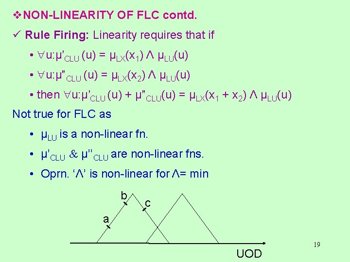 v. NON-LINEARITY OF FLC contd. ü Rule Firing: Linearity requires that if • u: