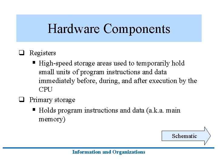 Hardware Components q Registers § High-speed storage areas used to temporarily hold small units