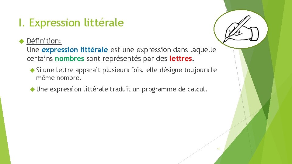 I. Expression littérale Définition: Une expression littérale est une expression dans laquelle certains nombres