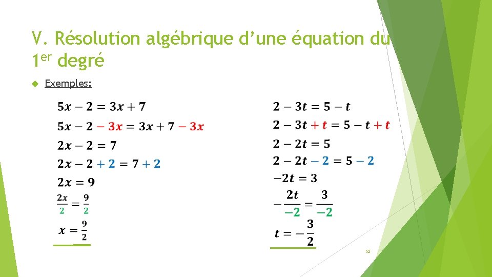 V. Résolution algébrique d’une équation du 1 er degré Exemples: 52 