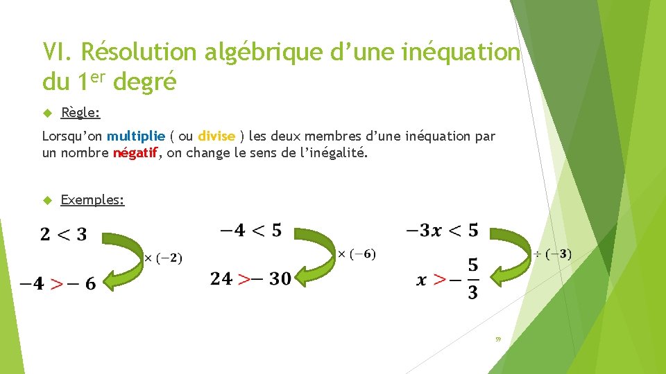 VI. Résolution algébrique d’une inéquation du 1 er degré Règle: Lorsqu’on multiplie ( ou