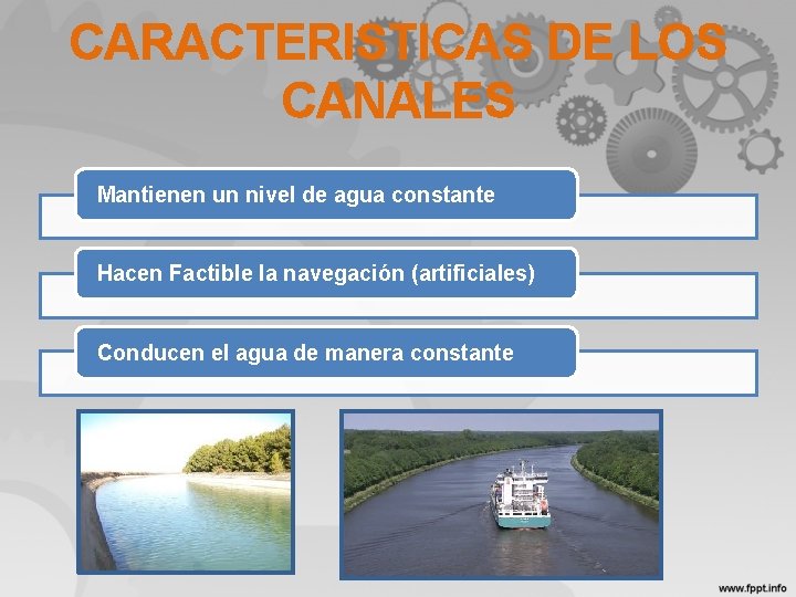 CARACTERISTICAS DE LOS CANALES Mantienen un nivel de agua constante Hacen Factible la navegación