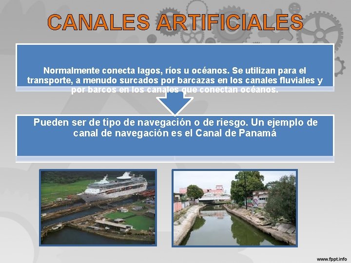 CANALES ARTIFICIALES Normalmente conecta lagos, ríos u océanos. Se utilizan para el transporte, a