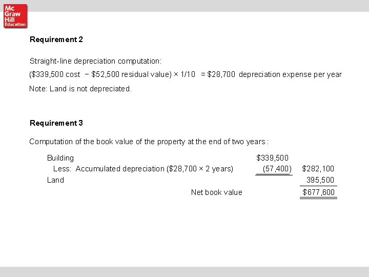 Requirement 2 Straight-line depreciation computation: ($339, 500 cost − $52, 500 residual value) × Requirement 2 Straight-line depreciation computation: ($339, 500 cost − $52, 500 residual value) ×