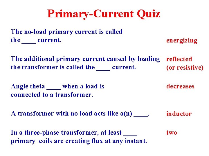 Primary-Current Quiz The no-load primary current is called the ____ current. energizing The additional